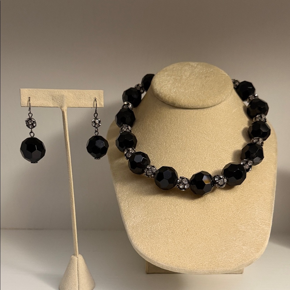 Vintage Black Rhinestone Acrylic Beaded Necklace and Earrings